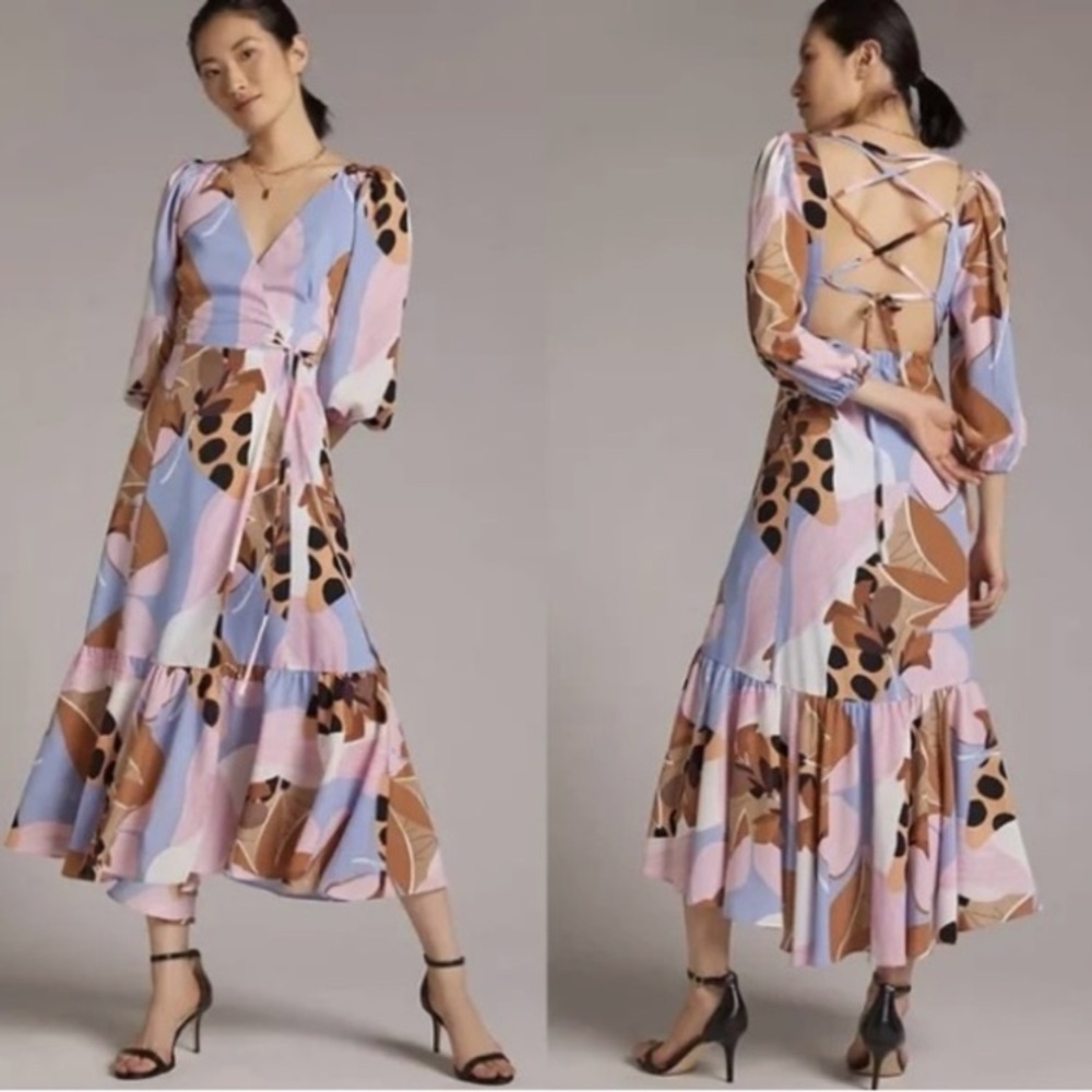 Anthropologie hutch bloom wrap midi dress lace up back wedding guest dress 1X